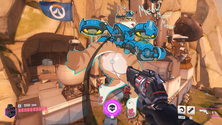 angry anthro big_butt bubble_butt butt cheek_tuft eyewear facial_tuft female fluffy fluffy_tail flying fur game_screen goggles green_ears gun holding_another huge_butt jet_pack looking_at_viewer looking_back looking_back_at_viewer meow multicolored_body multicolored_fur open_mouth orange_body orange_fur pawpads paws ranged_weapon rear_view solo tail thick_thighs tuft weapon white_body white_fur wide_hips tsune_nsfw blizzard_entertainment overwatch fika_(overwatch) domestic_cat felid feline felis mammal absurd_res hi_res