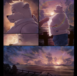 anthro bottomwear bulge clothed clothing cloud detailed_background duo eyebrows fur kemono male moobs mountain outside overweight overweight_male shirt shorts sun swimwear topwear water white_body white_fur guadr bear mammal polar_bear ursine 2025 absurd_res comic hi_res