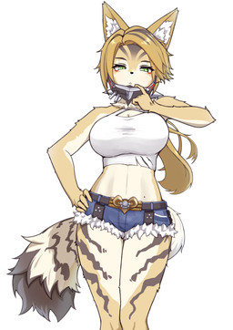 anthro arm_tuft belt big_breasts blonde_hair bottomwear breasts clothing crop_top denim denim_bottomwear denim_clothing denim_shorts eyebrows eyelashes female fur green_eyes hair hand_on_hip inner_ear_fluff looking_at_viewer mask midriff ponytail shirt shorts shoulder_tuft solo topwear tuft white_body white_fur yellow_body yellow_fur youdie mihoyo zenless_zone_zero pulchra_fellini felid feline felis mammal thiren 2025