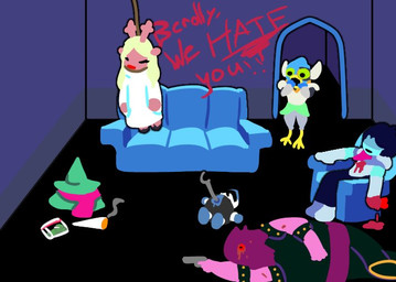 2_horns ambiguous_gender ambiguous_human anthro antlers avian_feet biped blonde_hair blood blood_from_wound blood_on_chest blood_on_head blood_on_wall blood_writing blue_body blue_feathers blue_skin blue_sofa bodily_fluids brown_body brown_fur chair clothed clothed_ambiguous clothed_anthro clothed_female clothed_human clothed_male clothing corpse dark_humor death discarded_clothing dress drugs feathers female female_anthro female_death fur furniture gore green_clothing green_hat green_headwear group gun hair handgun hanged hat headgear headwear holding_gun holding_handgun holding_object holding_ranged_weapon holding_weapon hooves horn horrified humor impalement lying male male_anthro male_death marijuana marijuana_blunt multiple_deaths noose on_chair parody pink_body pink_scales pink_scarf plantigrade ranged_weapon red_heart red_nose reference_image_at_source scales scarf shot_in_head sitting sitting_on_chair sofa spades_(suit) suicide suit_symbol text unguligrade weapon white_clothing white_dress wounded aitheriac deltarune family_guy family_guy_death_pose ralsei_smoking_blunt undertale_(series) kris_(deltarune) lancer_(deltarune) noelle_holiday ralsei susie_(deltarune) avian bird darkner deer human mammal new_world_deer reindeer scalie soul_(undertale) 2025 character_name colored flat_colors meme