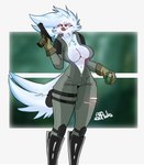 anthro beak belly blue_body breasts clothing explosives feathers female gloves grenade gun handwear jumpsuit latex markings midriff ranged_weapon solo straps tactical_gear weapon white_body zipper ara_squawks arathemacaw tyra_(arathemacaw) avian bird owl absurd_res hi_res