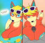 anthro big_breasts blue_eyes breast_play breasts clothing dialogue duo eyewear eyewear_on_head female heart_symbol looking_at_viewer male pasties sex sunglasses sunglasses_on_head titfuck creatiffy animal_crossing nintendo audie_(animal_crossing) canid canine canis mammal wolf hi_res