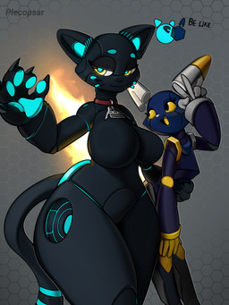 anthro bedroom_eyes blue_body blue_pawpads curvy_figure dark_body duo female fire grey_body hairless hug looking_back machine markings mascot metallic_body narrowed_eyes open_mouth pawpads seductive smile thick_thighs voluptuous wide_hips yellow_eyes plecopsar e621 hi-fi_rush microsoft tango_gameworks 808_(hi-fi_rush) esix domestic_cat felid feline felis mammal robot robot_anthro 3:4 absurd_res hi_res shaded