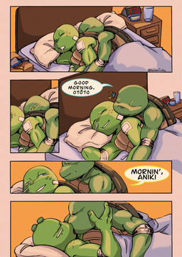 alarm_clock anthro bed bed_sheet bedding biceps bodily_fluids clock cuddling deltoids dialogue drooling duo eyes_closed freckled_face freckled_shoulders freckles french_kissing furniture heart_symbol kissing kissing_cheek lying male male/male narrowed_eyes on_bed on_side open_mouth pillow romantic romantic_ambiance romantic_couple saliva saliva_string shell sleeping smile speech_bubble text tongue tongue_out relatedturtles teenage_mutant_ninja_turtles leonardo_(tmnt) michelangelo_(tmnt) reptile scalie turtle comic digital_media_(artwork) english_text hi_res andromorph_(lore) brother_(lore) brothers_(lore) incest_(lore) sibling_(lore)