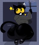 anthro big_butt big_eyes black_body black_fur bottomless breasts butt clothed clothing female fur hood huge_butt kneeling looking_back partially_clothed rear_view short_stack solo toony topwear wand whiskers yellow_eyes astralc0de google google_doodle magic_cat_academy momo_(google) domestic_cat felid feline felis mammal hi_res