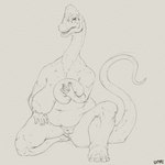 anthro areola big_breasts breasts female genitals kneeling long_neck navel non-mammal_breasts nude overweight overweight_anthro overweight_female pussy solo tail thick_thighs touching_breast upai dinosaur prehistoric_species reptile sauropod sauropodomorph scalie 1:1 absurd_res hi_res line_art