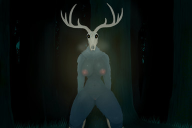anthro antlers black_body black_fur bone breasts dark female forest fur genitals glowing glowing_eyes horn looking_at_viewer navel night nipples nude outside plant skull skull_head solo tree vulva yellow_eyes holemann american_mythology indigenous_north_american_mythology mythology north_american_mythology rpc_authority rpc-389 wendigo 3:2