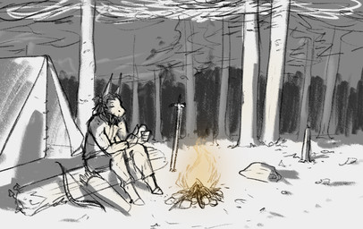 anthro bow_(weapon) clothed clothing eyes_closed forest hair holding_object log male male_anthro outside plant quiver_(object) ranged_weapon rock short_hair sitting solo tent tree weapon wood jezzlen chuy_(jezzlen) asinus donkey equid equine mammal partially_colored sketch