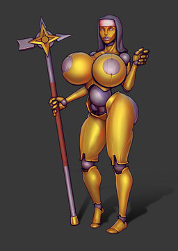 big_breasts big_butt breasts butt female huge_breasts machine melee_weapon metal metallic_body nipples non-mammal_breasts non-mammal_nipples not_furry nun solo thick_thighs weapon yellow_body boobsgames warlock_and_boobs nun_golem_(warlock_and_boobs) android humanoid robot robot_humanoid 2022 hi_res