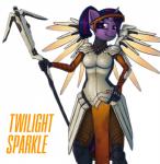 anthro armor black_hair breasts clothed clothing cosplay energy_wings female fully_clothed hair halo hand_on_hip horn mechanical_wings multicolored_hair pink_hair ponytail pose purple_body purple_eyes purple_skin simple_background smile solo staff standing text two_tone_hair unusual_anatomy unusual_wings white_background wings marsminer blizzard_entertainment friendship_is_magic hasbro my_little_pony mythology overwatch mercy_(overwatch) twilight_sparkle_(mlp) equid equine mammal mythological_creature mythological_equine unicorn 2017 character_name crossover english_text hi_res