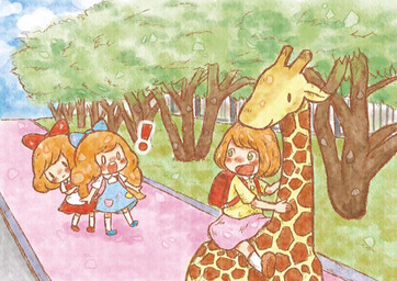 ambiguous_gender backpack bottomwear clothing dress female feral footwear group happy plant ribbons skirt socks surprised tree young young_human 8rapeco_kirin giraffe giraffid human mammal 2015 japanese_description
