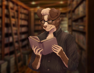 anthro book brown_body brown_fur clothed clothing eyewear fur glasses library male reading reading_book solo white_body white_fur unknown_artist eldridge_moran border_collie canid canine canis collie domestic_dog herding_dog mammal pastoral_dog sheepdog digital_media_(artwork) hi_res
