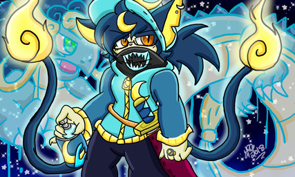 anthro blue_body blue_hair brown_eyes clothing hair jacket male mask melee_weapon solo sword topwear weapon lewdchuu asian_mythology east_asian_mythology japanese_mythology mythology shogunyan dragon mythological_creature mythological_scalie scalie yokai hi_res