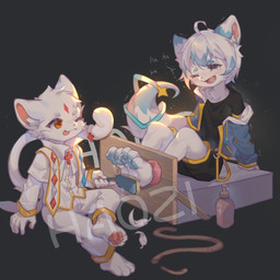 4_toes 5_fingers ahoge anthro bangs barefoot black_background black_bottomwear black_clothing black_nose black_shirt black_shorts black_topwear blue_clothing blue_ears blue_eyebrows blue_eyes blue_hair blue_highlights blue_hoodie blue_jacket blue_pawpads blue_ribbon blue_tail_tip blue_topwear bodily_fluids bottomwear bound brush brushing brushing_feet circle_eyebrows clothed clothing collar countershade_ears countershading cross crying_laughing diamond_(marking) dipstick_tail duo emanata eyebrows facial_tuft feathers feet fingers fur hair highlights_(coloring) hoodie inner_ear_fluff jacket kemono laugh looking_at_another lube lube_bottle lube_on_feet male markings multicolored_ears multicolored_eyes multicolored_hair neck_tuft one_eye_closed open_mouth pants pawpads paws pink_inner_ear pink_pawpads priest_robes red_eyes religious_symbol restraints rope shirt shorts simple_background sitting smile soles squirming star stocks straps tail tail_markings tears tickle_fetish tickle_torture tickling tickling_feet toes tongue tongue_out topwear tuft two_tone_ears two_tone_hair white_body white_bottomwear white_clothing white_collar white_ears white_eyebrows white_fur white_hair white_inner_ear_fluff white_pants white_topwear yellow_straps young young_anthro young_male emolga_1 canid canine canis domestic_cat felid feline felis fox mammal 1:1 digital_media_(artwork) hi_res shaded watermark