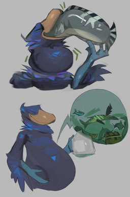 anthro beak belly big_belly blue_body duo grey_background male object_in_stomach oral_vore overweight simple_background vore 80sarchosaur avian bird eel fish marine pelecaniform shoebill 2023 animated hi_res short_playtime