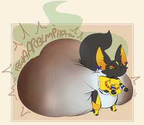 anthro clothing cuffs_(clothing) diaper ear_piercing ear_ring egyptian egyptian_clothing excessive_feces eyes_closed feces female fluffy fluffy_tail hyper hyper_feces onomatopoeia piercing pooping puffed_cheeks pushing raised_tail ring_piercing smelly soiled_diaper soiling soiling_diaper solo sound_effects stink_fumes tail text unclean_diaper used_diaper using_diaper breadpowders bandai_namco pac-man_(series) pac-man_party patra canid canine canis jackal mammal digital_media_(artwork) hi_res