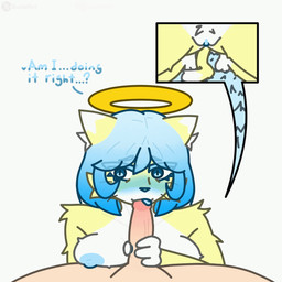 alternate_universe angel_halo anthro bent_legs blue_eyes blue_hair blue_nipples blue_pupils blue_tongue blue_vulva breasts carpet dialogue duo female female_on_human first_person_view fur genitals hair halo handjob human_on_anthro human_pov humanoid_genitalia humanoid_penis image_bubble interspecies kneeling kneeling_on_ground kneeling_oral_position licking male male/female male_on_anthro male_pov multicolored_body multicolored_fur nipples penile penis pupils sex tail tongue tongue_out vulva whiskers white_body white_fur yellow_body yellow_fur heavensyuri undertale_(series) cyn_(heavensyuri) yuri_(heavensyuri) angel felid feline human humanoid hybrid mammal 1:1 animated hi_res