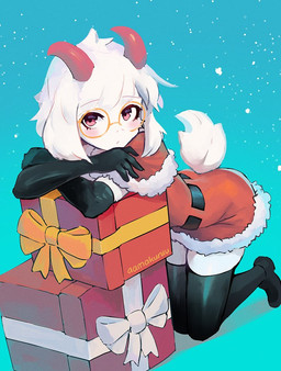 anthro arm_warmers armwear blush christmas_clothing clothing dress eyewear femboy footwear fur glasses hair holidays horn legwear male pink_eyes pose round_glasses shoes simple_background snow solo stockings tail tail_tuft tuft white_body white_fur white_hair aamakuruu christmas deltarune undertale_(series) ralsei bovid caprine goat mammal pinup