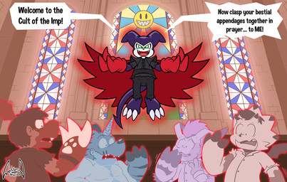 anthro church claws clothing corruption evil_grin group horn male male/male mid_transformation smile text torn_clothing transformation soul-silver-dragon bandai_namco digimon digimon_(species) gabumon gammamon gomamon guilmon impmon english_text hi_res