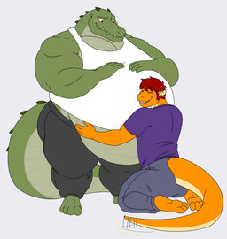 anthro belly belly_grab big_belly blush clothing duo hand_on_belly hug kneeling kneeling_on_ground looking_down looking_pleasured male male/male obese obese_anthro obese_male overweight overweight_anthro overweight_male size_difference skinny smaller_male smile standing tail tail_motion tailwag teeth weight_difference eon54 mythology cody_(swatthefox) jagged_(eon54) alligator alligatorid crocodilian dragon mythological_creature mythological_scalie reptile scalie hi_res