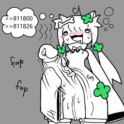 accessory aroused balls big_balls big_breasts big_penis blush blush_lines blush_stickers bodily_fluids bone_accessory bottomless breasts bubble clothed clothing clover_(plant) clover_leaf crossgender curvy_figure drooling drunk drunk_bubble erection fap_(sound_effect) foreskin front_view ftg_crossgender fti_crossgender genital_fluids genitals grey_background gynomorph hair_accessory half-closed_eyes homophobic_slur hourglass_figure huge_balls huge_penis humanoid_genitalia humanoid_penis inner_ear_fluff intersex leaf legwear masturbation narrowed_eyes open_mouth open_smile penile penile_masturbation penis pigtails plant pointy_ears precum prick_ears retracted_foreskin saliva scrotum_flap simple_background small_waist smile solo standing stroking_penis substance_intoxication sweat sweaty_balls sweaty_genitalia text text_on_clothing text_on_topwear thought_bubble topwear tuft vein veiny_penis wide_hips 4chan_anon 4chan animal_humanoid cat_humanoid felid felid_humanoid feline feline_humanoid humanoid mammal mammal_humanoid 1:1 2025 aliasing binary_drawing digital_drawing_(artwork) digital_media_(artwork) english_text flat_colors portrait spot_color three-quarter_portrait