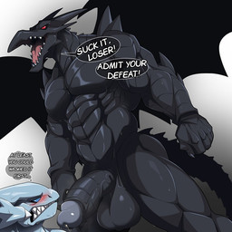 abs anthro anthrofied balls barazoku biceps black_body blue_eyes blush blush_lines bodily_fluids claws clenched_teeth defeated dialogue dominant dominant_anthro dominant_male dripping duo erection fangs foreskin genital_fluids genitals horn humanoid_genitalia humanoid_penis imminent_oral imminent_sex male male/male manly membrane_(anatomy) membranous_wings mocking muscular muscular_anthro muscular_male muscular_thighs non-mammal_balls non-mammal_foreskin nude nude_anthro nude_male open_mouth pecs penis precum precum_drip red_eyes reluctant retracted_foreskin scales serratus sharp_teeth simple_background solo_focus speech_bubble submissive submissive_anthro submissive_male sweat tail taunting teeth text tongue white_body wings zaqiizawa european_mythology konami mythology yu-gi-oh! blue-eyes_white_dragon red-eyes_black_dragon dragon duel_monster mythological_creature mythological_scalie scalie western_dragon winged_dragon 1:1 2025 alternate_version_at_paywall english_text
