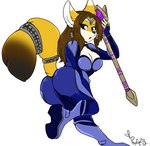 anthro blue_eyes boots breasts brown_hair butt clothing female footwear hair jumpsuit shoes solo staff tail yellow_body phuufy nintendo star_fox uberquest claire_o'conell krystal_(star_fox) canid canine fox mammal tagme