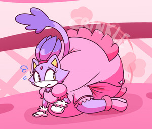 anthro bent_legs big_diaper booties bottomwear button_(fastener) clean_diaper clothed clothing crawling crinkling diaper diaper_under_clothing diaper_under_onesie ears_up eyelashes female forehead_gem frilly frilly_clothing frilly_onesie fur gem huge_diaper hyper_diaper looking_at_diaper onesie pink_background poof poof_effect puffy_shoulders purple_body purple_fur raised_tail simple_background solo tail underwear wearing_diaper dummydoodles sega sonic_the_hedgehog_(series) blaze_the_cat domestic_cat felid feline felis mammal