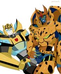 anthro balls balls_touching blush frottage genitals hand_on_penis happy machine male male/male penile penis sex sitting smile milwommike hasbro takara_tomy transformers bumblebee_(transformers) cheetor cheetah cybertronian felid feline humanoid mammal robot hi_res