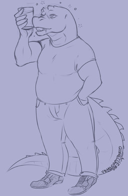 alcohol anthro beer beverage clothed clothing drunk footwear fully_clothed glass shoes simple_background solo substance_intoxication famousartpotato cregon alligator alligatorid crocodile crocodilian reptile scalie full-length_portrait portrait sketch