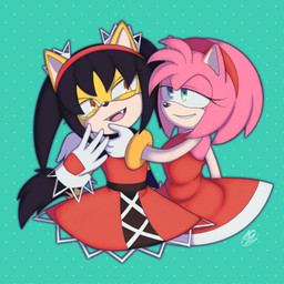anthro black_hair clothing dress duo fangs female fur gloves grin hair hand_on_chin handwear laugh laughing_at pink_body pink_fur simple_background smile smug smug_face teeth yellow_body yellow_fur innotsu sega sonic_the_fighters sonic_the_hedgehog_(series) amy_rose honey_the_cat eulipotyphlan felid feline hedgehog mammal 1:1 absurd_res hi_res