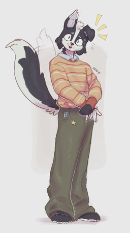 anthro bodily_fluids bottomwear clothing inner_ear_fluff looking_at_viewer male motion_lines pants shirt solo sweat topwear tuft nnt border_collie canid canine canis collie domestic_dog herding_dog mammal pastoral_dog sheepdog hi_res