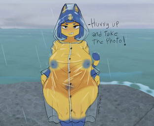 anthro big_breasts blue_body blue_hair blush breasts clothing cloud cloudy_sky coat curvy_figure dialogue erect_nipples exhibitionism female female_anthro hair hairy_vulva hourglass_figure ineffective_clothing looking_at_viewer markings nipples noseless nude outside overweight overweight_female pivoted_ears pubes rain_drops raincoat raincoat_only raining sky solo striped_markings striped_tail stripes tail tail_markings talking_to_viewer text thick_thighs topwear translucent translucent_clothing translucent_raincoat voluptuous wide_hips yellow_body vance_lewds animal_crossing nintendo ankha_(animal_crossing) domestic_cat felid feline felis mammal signature