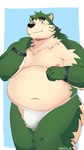 anthro belly big_belly blush clothing green_body humanoid_hands male moobs navel nipples overweight overweight_male simple_background solo underwear gonda_29 lifewonders live_a_hero mokdai canid canine canis domestic_dog mammal 2022 9:16 hi_res