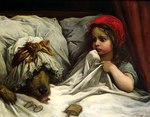 1862 19th_century ancient_art bed big_bad_wolf black_nose brown_body brown_fur canid canine canis claws clothing curtains dark_hair duo eyewear fairy_tales female feral fur furniture glasses gustave_dore headgear headwear human light_body light_skin little_red_riding_hood little_red_riding_hood_(copyright) male mammal on_bed pillow public_domain red_clothing red_headwear scared tongue topwear traditional_media_(artwork) under_covers wolf