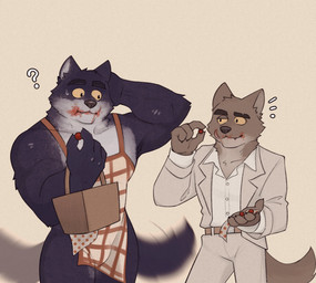 anthro apron apron_only belt clothed clothed_anthro clothed_male clothing duo eating_fruit eyebrows male solo tail tail_motion tailwag thick_eyebrows foxs1874 dreamworks intermarche_unloved the_bad_guys mr._wolf_(the_bad_guys) the_first_wolf_(unloved) canid canine canis mammal wolf 2025 colored crossover hi_res