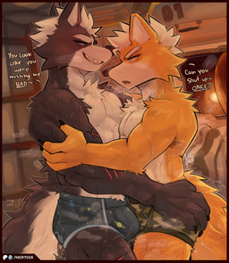 4_fingers annoyed anthro arm_scar arm_tuft armpit_hair black_body black_claws black_fur black_nose blue_clothing blue_underwear bodily_fluids body_hair briefs bulge bulge_frottage camo camo_clothing camo_print camo_underwear cheek_tuft chest_tuft claws clothed clothing dialogue duo facial_tuft featureless_chest fingers fluffy fluffy_tail fur green_eyes hair half-closed_eyes hand_on_arm hand_on_butt imminent_sex leg_scar male male/male multicolored_body multicolored_fur muscular muscular_male musk narrowed_eyes open_mouth pattern_clothing pattern_underwear question_mark scar sharp_teeth shoulder_tuft side_view smile suggestive suggestive_dialogue sweat sweaty_body tail teeth text touching_arm touching_butt tuft underwear underwear_only white_body white_fur white_hair yellow_body yellow_fur nick7005 nintendo star_fox fox_mccloud wolf_o'donnell canid canine canis fox mammal wolf 2025 english_description english_text hi_res