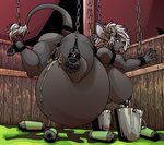 anthro anus areola balloon_belly bdsm belly big_belly big_breasts big_butt black_areola black_horn black_nipples bodily_fluids bondage bound breasts bucket butt chain chained container cum cum_inside drugs female fur genital_fluids genitals grey_body grey_fur hair horn huge_belly huge_breasts huge_butt hyper hyper_belly hyper_pregnancy lactating low-angle_view milk nipples pregnant pregnant_anthro pregnant_female pussy solo stable suspended_in_midair suspension suspension_bondage tail tail_tuft thick_thighs tuft white_hair ojififo luvi bovid bovine hybrid mammal