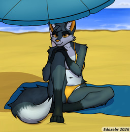 anthro beach beach_umbrella bikini bikini_bottom bikini_top clothing ear_tuft female looking_at_viewer navel parasol sand seaside sitting solo swimwear tuft two-piece_swimsuit yellow_eyes yellow_nose edozebr canid canine fox mammal absurd_res hi_res