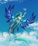 breasts cloud female green_hair hair monster_girl_(genre) nipples nude sky solo tail klifflod genshin_impact mihoyo mythology dvalin animal_humanoid avian bird dragon dragon_humanoid humanoid mythological_creature mythological_scalie scalie 5:6 hi_res