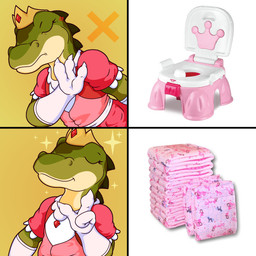 anthro clean_diaper clothing diaper female folded_diaper padded padding pink_diaper potty solo yipthecoyotepup drakeposting brittany_rex dinosaur prehistoric_species reptile scalie 1:1 absurd_res hi_res meme
