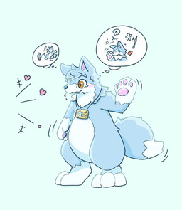 ambiguous_gender anthro blue_body blue_fur blush bodily_fluids clothing costume digitigrade fabric frozen_expression fur fursuit heart_symbol iconography id_card name_badge offscreen_character pawpads simple_background solo tears thought_bubble white_body white_fur zipper kareha_21909 animate_inanimate canid canine canis living_clothing living_costume living_fursuit mammal wolf hi_res