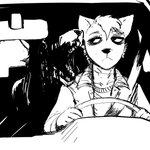 1:1 anthro black_and_white blood bodily_fluids canid canine canis car carol_(hladilnik) clothing daniel_(hladilnik) domestic_dog driving female hi_res hladilnik inside_car inside_vehicle looking_back male mammal monochrome open_mouth scary vehicle wolf