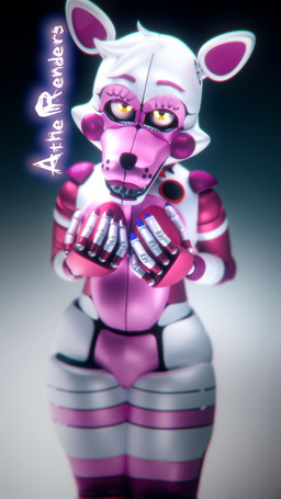 anthro barely_visible_genitalia barely_visible_vulva blue_nails breasts colored_nails dark_breasts female genitals glistening glistening_body glowing glowing_eyes gradient_background hair holding_breast looking_at_viewer machine medium_breasts nails pink_breasts purple_nails sharp_teeth simple_background solo striped_legs teeth thick_thighs vulva white_body white_hair wide_hips yellow_eyes atherenders spacebaron_(modeler) five_nights_at_freddy's scottgames sister_location funtime_foxy_(fnaf) animatronic canid canine fox mammal robot robot_anthro 3d_(artwork) 9:16 chromatic_aberration digital_media_(artwork) hi_res watermark