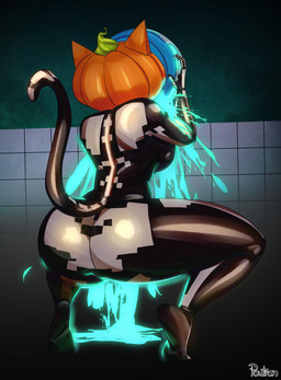 anthro big_breasts big_butt breasts butt crouching drinking female food for_a_head fruit holding_object plant pumpkin rear_view skeleton_costume solo thick_thighs wide_hips poutronart epic_games fortnite spice_(fortnite) domestic_cat felid feline felis mammal object_head absurd_res hi_res