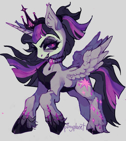 1_horn black_hair black_tail clothed clothing crown cutie_mark facial_paint feathered_wings feathers female feral glowing glowing_pupils grey_background hair headgear horn inner_ear_fluff jewelry long_hair necklace purple_body purple_eyes simple_background solo tail tuft wings p0nyplanet friendship_is_magic hasbro my_little_pony mythology twilight_sparkle_(mlp) equid equine mammal mythological_creature mythological_equine vampire winged_unicorn digital_media_(artwork) digital_painting_(artwork) hi_res painting_(artwork) watermark