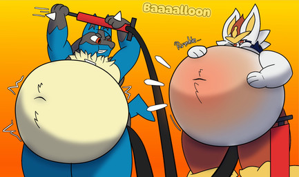 air_inflation ambiguous_gender anthro belly belly_blush belly_expansion belly_inflation belly_rub bicycle_pump big_belly black_body black_fur black_inner_ear blue_body blue_fur blush body_blush chest_spike duo expansion facial_markings featureless_crotch fur gloves_(marking) hand_on_belly hand_on_own_belly hand_spike head_markings hose hose_in_butt hose_inflation inflation markings mask_(marking) motion_lines navel onomatopoeia orange_background purple_background red_body red_eyes red_fur red_nose simple_background sound_effects spikes spikes_(anatomy) teeth text white_body white_fur yellow_body yellow_fur yellow_inner_ear baaaalloon nintendo pokemon cinderace generation_4_pokemon generation_8_pokemon lucario pokemon_(species) 2026 digital_drawing_(artwork) digital_media_(artwork) english_description english_text hi_res