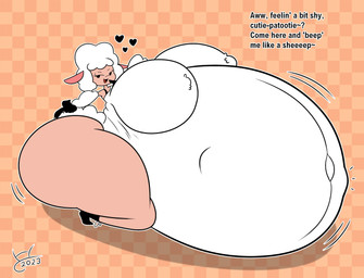 abdominal_bulge anthro bedroom_eyes belly big_belly big_breasts big_butt breast_tuft breasts butt female fur heart_symbol huge_belly huge_breasts huge_butt huge_hips hyper hyper_belly hyper_breasts hyper_butt hyper_hips hyper_pregnancy narrowed_eyes organs pregnant pregnant_female seductive solo stomach tan_body tan_skin text tuft white_body wide_hips wool_(fur) hatty_ya_ku droopy_(series) metro-goldwyn-mayer sheep_wrecked leggy_lamb bovid caprine mammal sheep 2023 absurd_res english_text hi_res