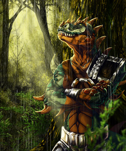 anthro clothed clothing day detailed_background forest male outside plant solo spines standing teeth tree wolfroad lizard reptile scalie 2015 5:6 absurd_res digital_media_(artwork) hi_res