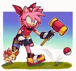 anthro border bottomwear clothing cosplay crossover_cosplay duo female feral footwear fur gloves grass hair hammer handwear kerchief piko_piko_hammer pink_hair plant pokeball shirt shoes shorts simple_background smile tools topwear white_border spidercheetos nintendo pokemon sega sonic_the_hedgehog_(series) amy_rose may_(pokemon) eulipotyphlan fennekin generation_6_pokemon hedgehog mammal pokemon_(species) crossover hi_res signature